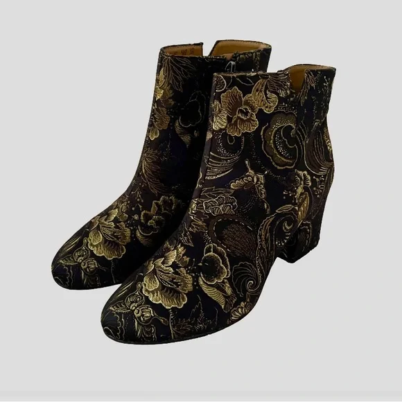 Franco Sarto Embroidered Black and Gold Ankle Boots - Picture 3 of 7